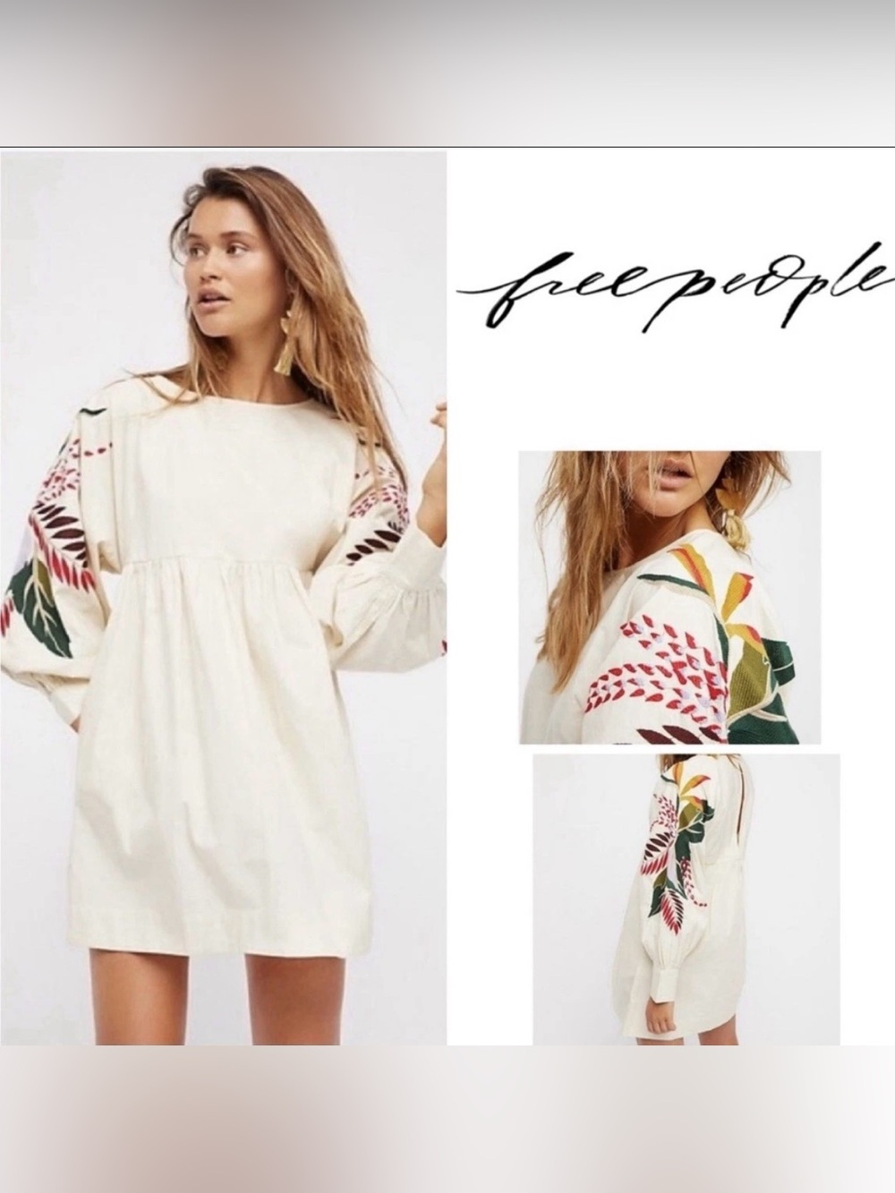 Free People Mini Obsessions Mini Dress Embroidered Size Medium Cream Ivory